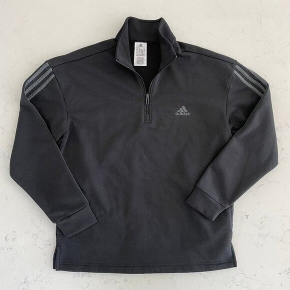 Adidas 14 ZipRecycled Polyester Sweatshirt Black w Grey Stripes Sz M
